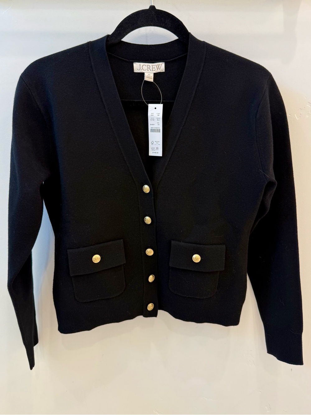 NWT J. Crew Black V-Neck Cardigan with Gold Buttons - Size XS